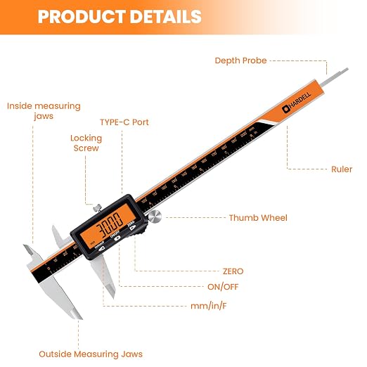 HARDELL Calipers 8", Rechargeable Digital Caliper