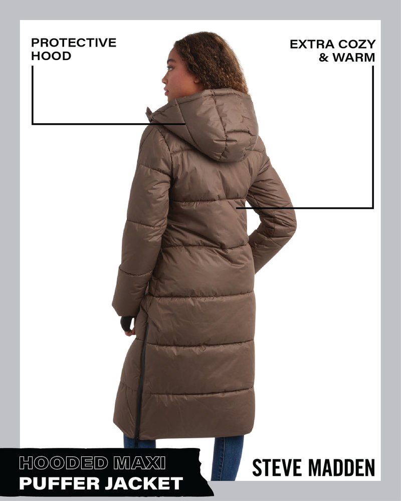 Steve Madden Womens Long Puffer Jacket - Heavyweight Insulated Fall Maxi Winter Coats for Women Long Length Bubble Parka, Size Large, Olive