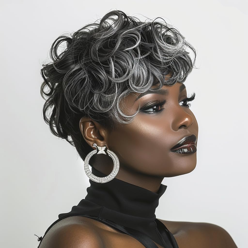 Short Wigs For Black Women Grey Pixie Cut Wigs For Women Black Mixed Grey Pixie Wigs With Bangs Synthetic Short Pixie Cut Wigs F