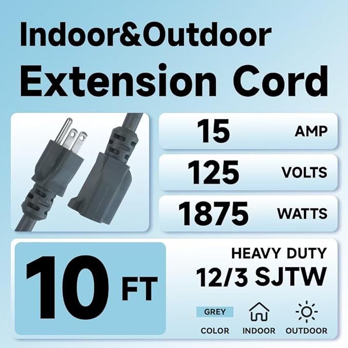 Indoor Outdoor Extension Cord, 12 Gauge 3 Prong Weatherproof Heavy Duty Gray Extension Cords, 12/3 SJTW 15A 10 FT Extension Cable for Garage, Garden and Home, UL Listed