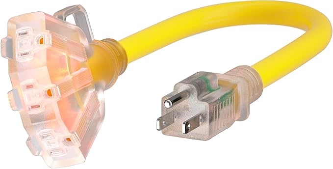 PlugSaf 1 FT 12/3 Gauge Outdoor Extension Cord with Multiple Outlets Light Indicator, Flexible Weatherproof 3 Outlet Heavy Duty Extension Cord Waterproof Yellow, 15A 1875W 12AWG SJTW, ETL Listed