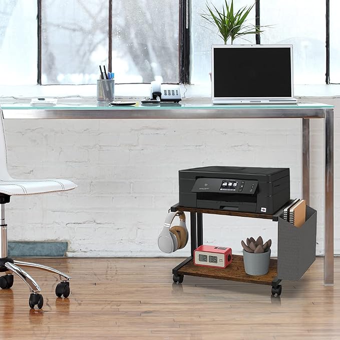 VEDECASA 2 Tier Rustic Brown Wooden Under Desk Printer Stand