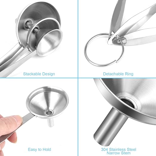 Large Small Funnel Set of 3, Food Grade Mini Funnels for Kitchen Use Filling Bottles Liquor Flask Tiny Spice Cooking Powder, 7Pcs Metal Stainless Steel Funnel Long Handle, 3Pcs Cleaning Brushes VOPTON