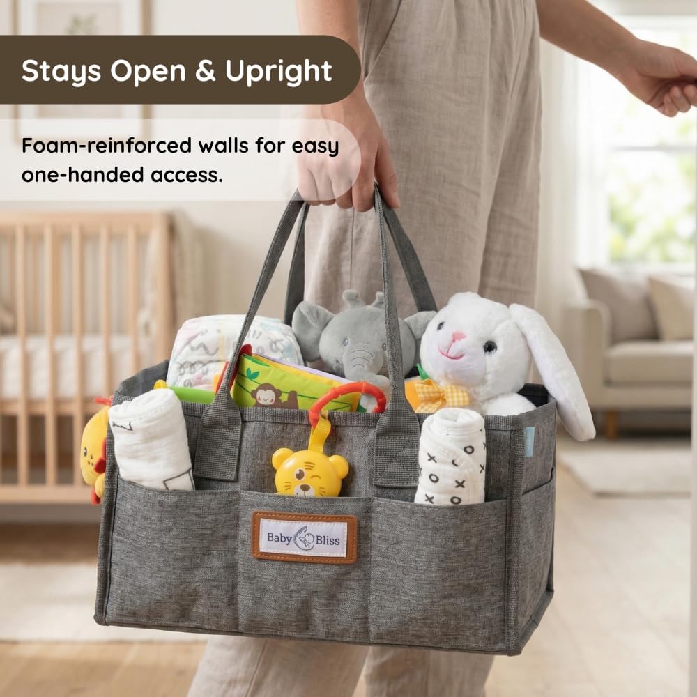 BabyBliss Polyester Diaper Caddy Organizer - Portable Wipe-Clean Nursery Storage Basket with Pockets and Dividers for Diapers, Wipes and Baby Essentials - For Nursery, Living Room and Car