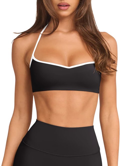 Halter Sports Bras for Women Padded Adjustable Thin Straps Color Block Workout Yoga Gym Athletic Bras Y2k Casual Tops Activewear Camisole(Black White,Small)