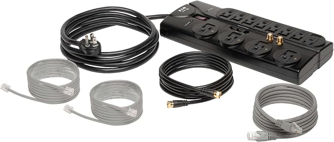 Eaton Tripp Lite TLP1208SAT Home Theater Surge Protector Power Strip, 12 Outlets, Flat Plug 8ft Extension Cord, 2880 Joules Coax, RJ11 and RJ45 Port for Phone, TV, WiFi Router, & Ethernet Protection