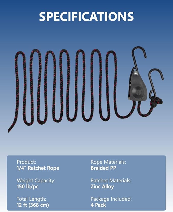 1/4" Tie Down Ratchet Straps: 4 Pack of Heavy Duty Kayak Storage Hangers - Ratcheting Cargo Straps for Various Hanging and Strapping