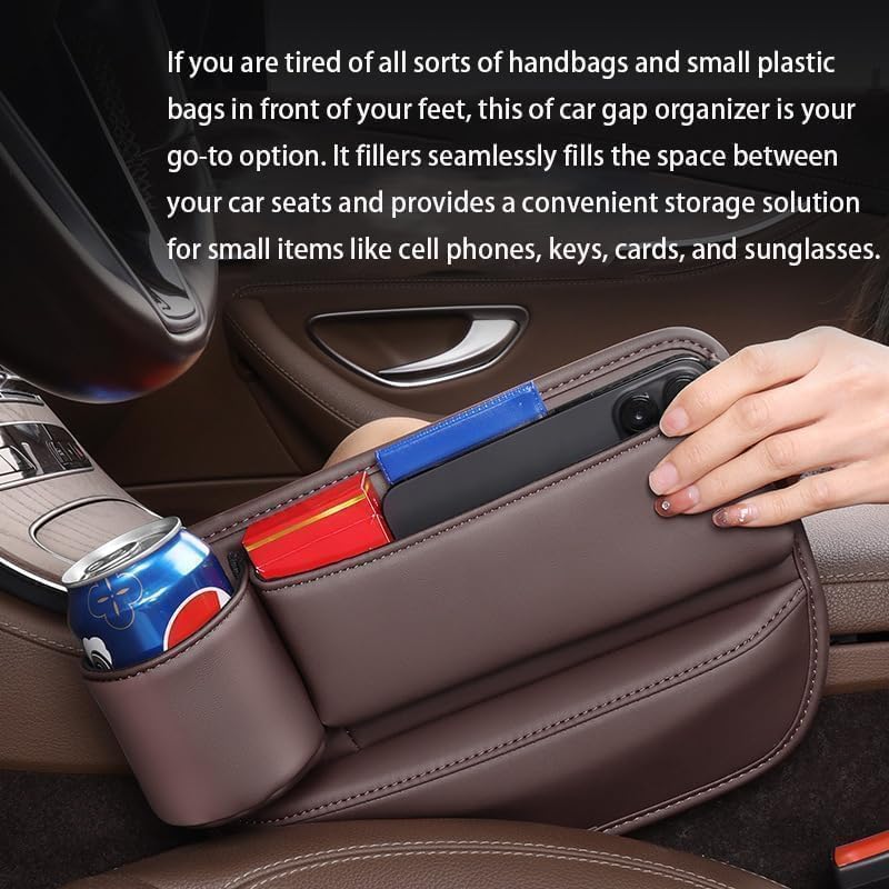 Car Leather Cup Holder Gap Bag,2026 Upgrade Car Storage Box with Cup Holder,Seat Storage Box Gap Filler Organizer for Glasses Phone Keys and Cards (Black, Driver's Seat)