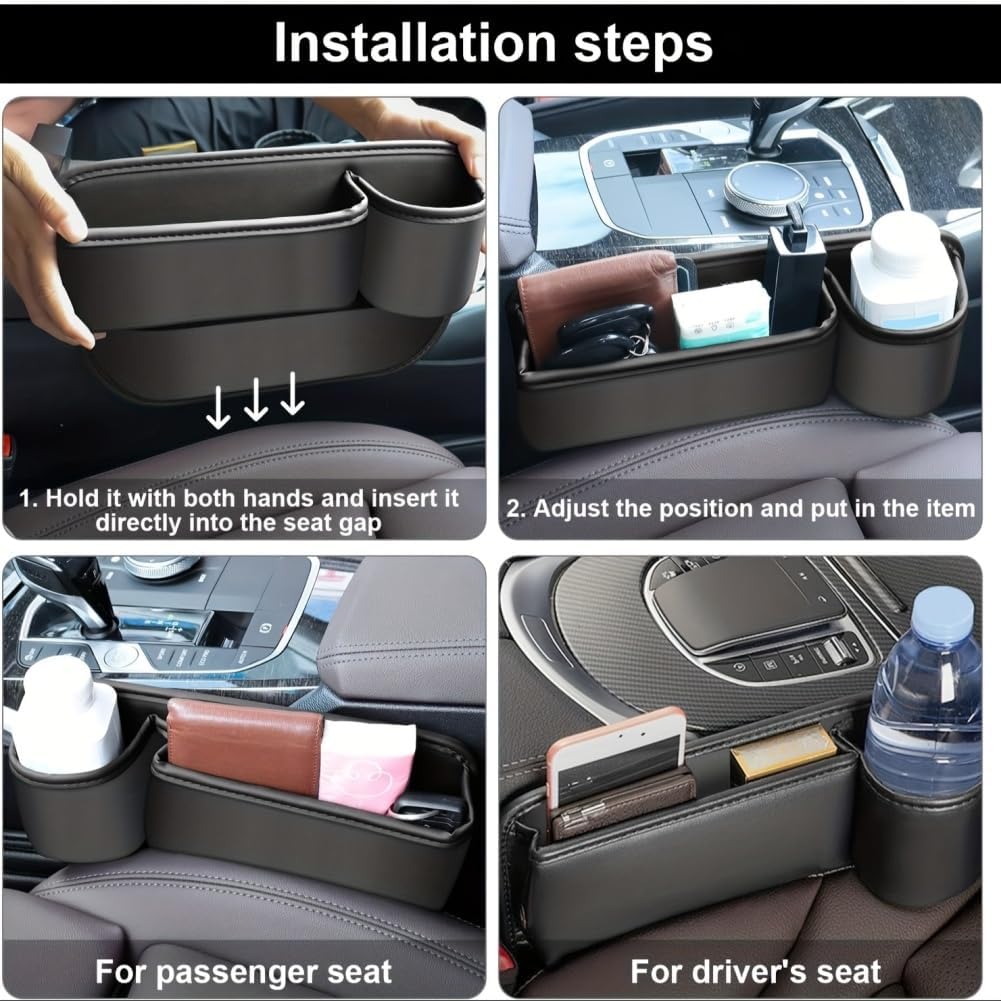 Car Seat Gap Filler Organizer with Cup Holders, Seat Gap Storage Box for Drinks, Phones, Keys, Sunglasses, Cards, and Small Essentials (Beige, Driver's Seat)