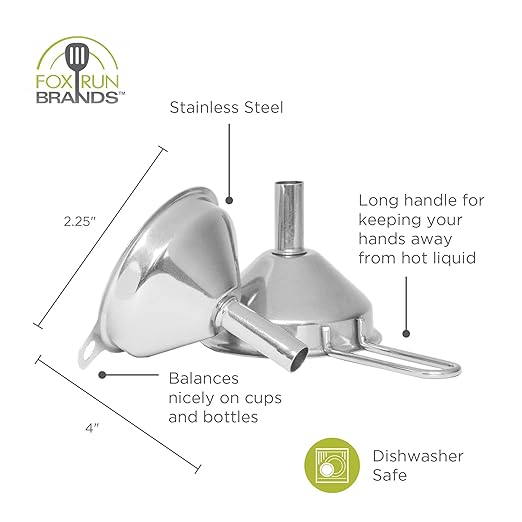 Fox Run Metal Kitchen Funnels, Set of 2 Mini 2" Wide Bottle Funnels, Stainless Steel