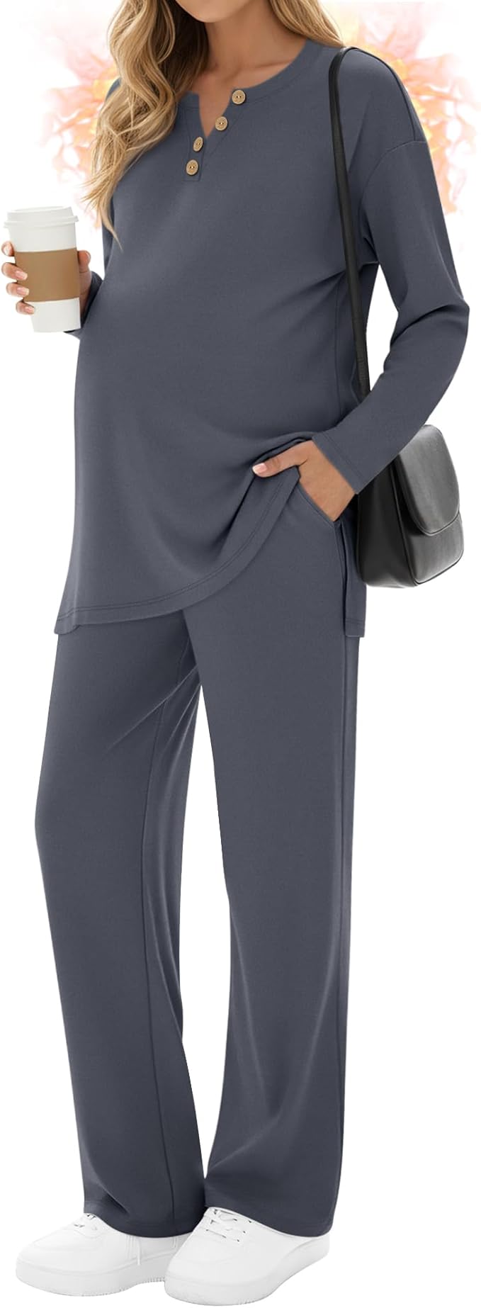 2 Piece Thermal Maternity Lounge Set Postpartum Pregnancy Fleece Loungewear Long Sleeve Top and Wide Leg Pant