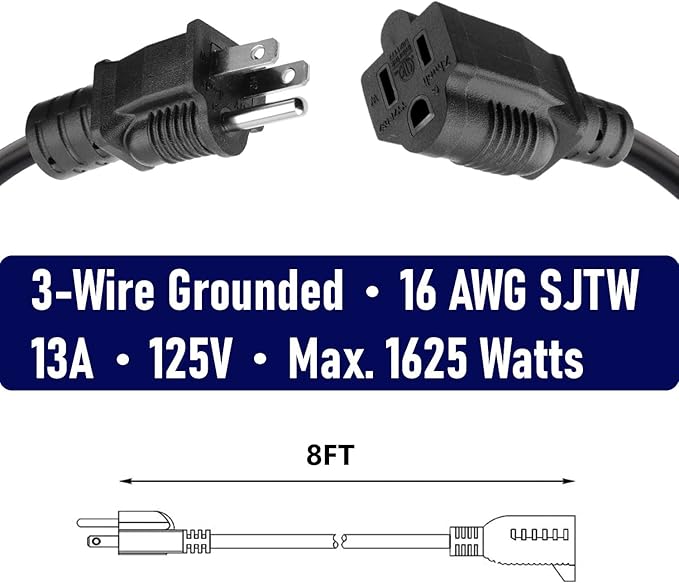 4 Pack 8ft Extension Cord Outdoor Indoor Use 16 AWG Heavy Duty Power Cord 3 Prong SJTW, NEMA 5-15P to NEMA 5-15R, Power Cable for Indoor and Outdoor Extension, ETL Listed