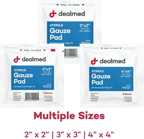 Dealmed Sterile Gauze Pads - 2" x 2" Disposable & Individually Wrapped (100 Count) for First Aid Kits