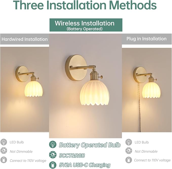 Vintage Battery Operated Wall Sconce with White Tulip Glass Lampshade Rechargeable Battery Powered Wall Light with Remote Control for Bedside Bedroom Doorway, Set of 2