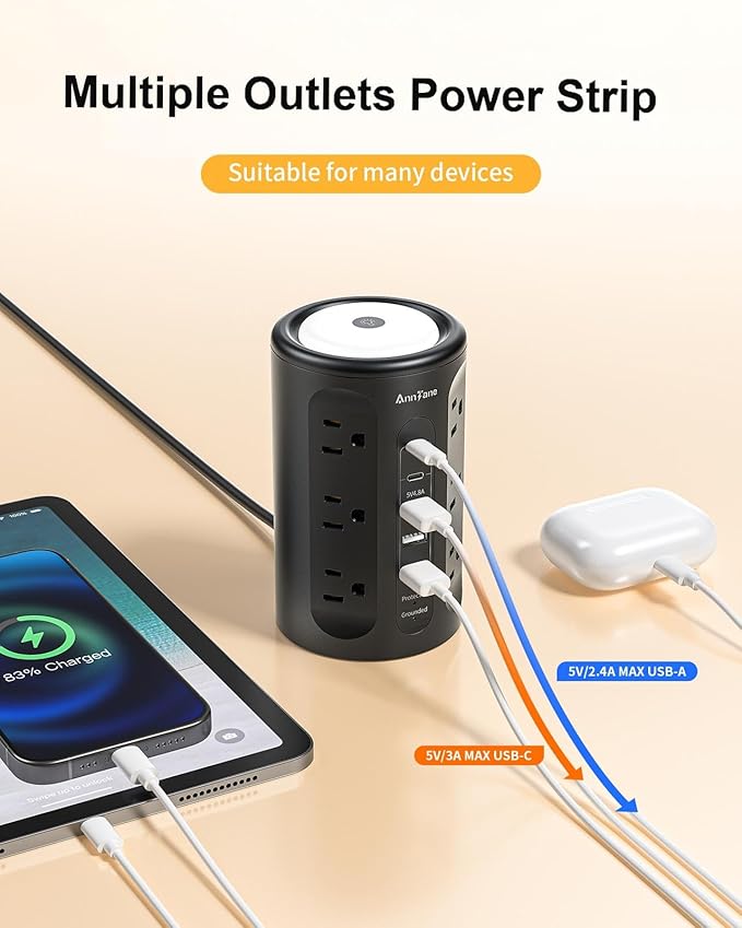 AnnTane Power Strip Tower with Night Light, Power Strip Surge Protector with USB Ports, Extension Cord 10 FT with Multiple Outlets (12AC+3A+2C) for Home Office Desk DormRoom (Black)