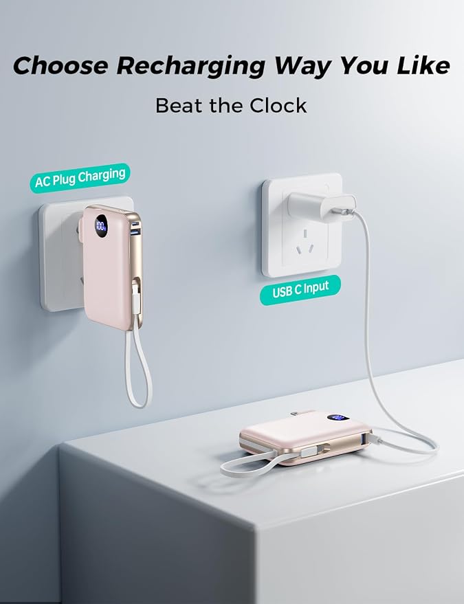 Portable Charger with Built-in Cables & Wall Plug, 10000mAh Power Bank, 4 Outputs 22.5W USB C Fast Charging, Slim Travel Battery Pack with LED Display for iPhone 17/16/15/14, Rosegold