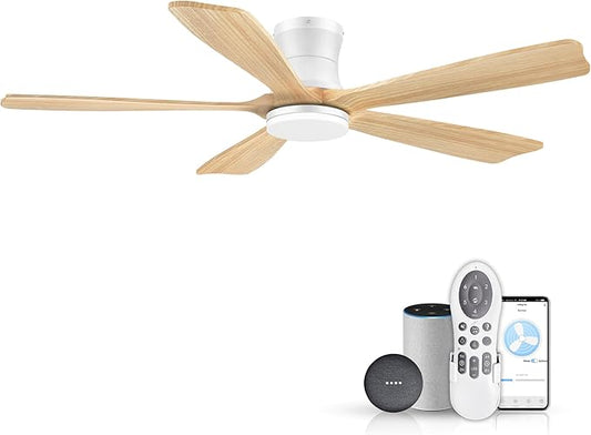 GentleBreeze 52In Wood Smart Low Profile Ceiling Fans with Lights Remote,Control via WIFI Alexa Google App,6 Speed,Quiet DC Motor,Flush Mount Outdoor Indoor Ceiling Fan for Modern Bedroom Patio Porch