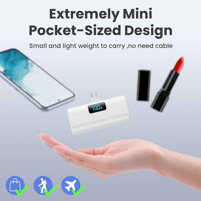 Small Portable Charger 5200mAh,Upgraded PD USB C Power Bank Built-in USB-C Connector,LCD Display Battery Pack,Compatible with iPhone 17/16/15/15 Plus/15 Pro/15 Pro Max/Galaxy Android Phone, White