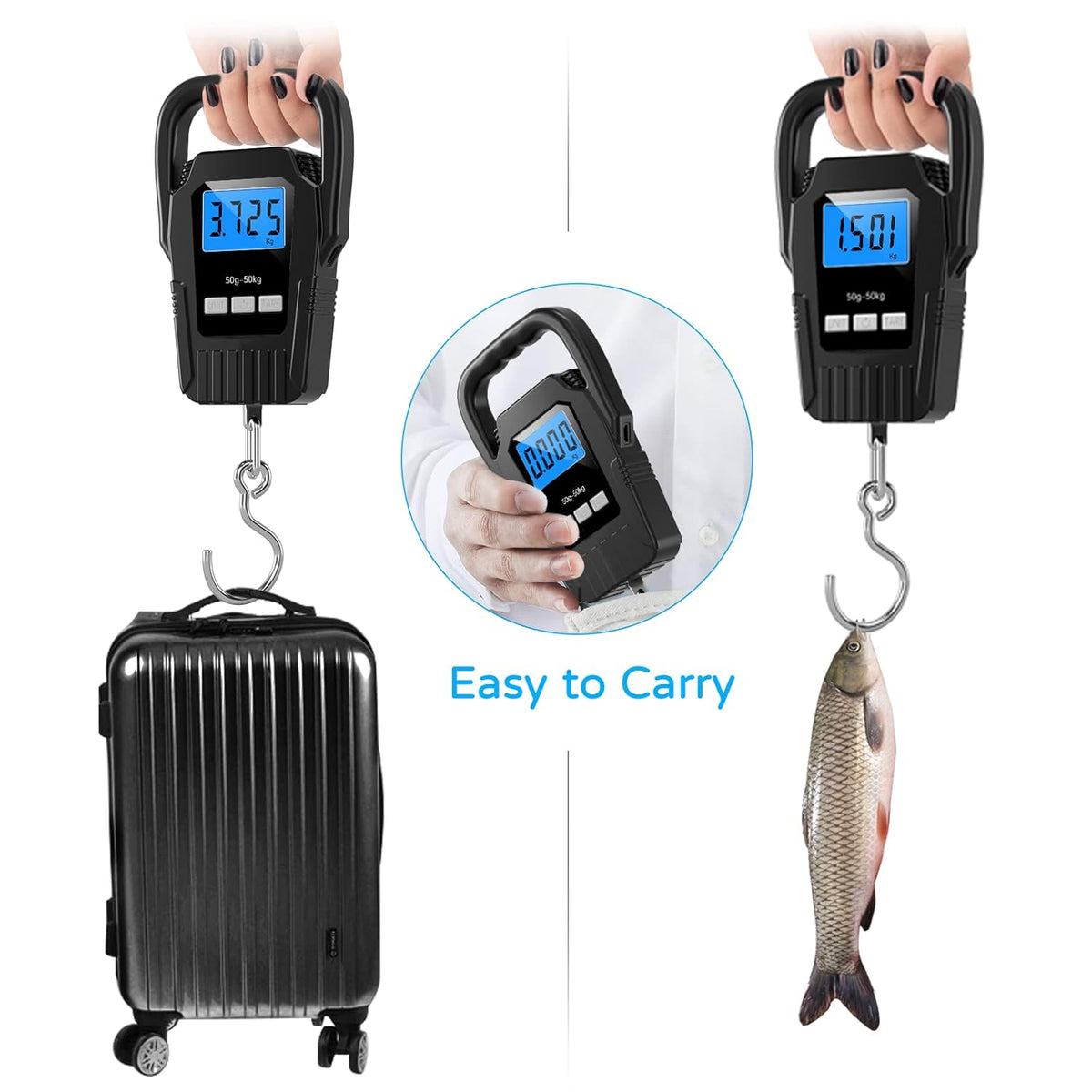 SKEAP Digital Fish Scale - 110lb Capacity | Backlit LCD Display & Large Handle - Black
