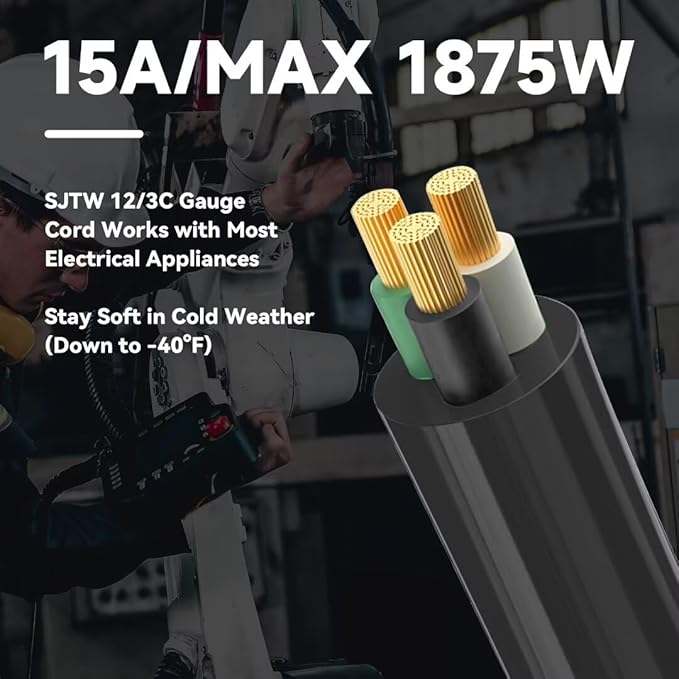Indoor Outdoor Extension Cord, 12 Gauge 3 Prong Weatherproof Heavy Duty Black Extension Cords，12/3 SJTW 15A 30 FT Extension Cable for Garage, Garden and Home, UL Listed