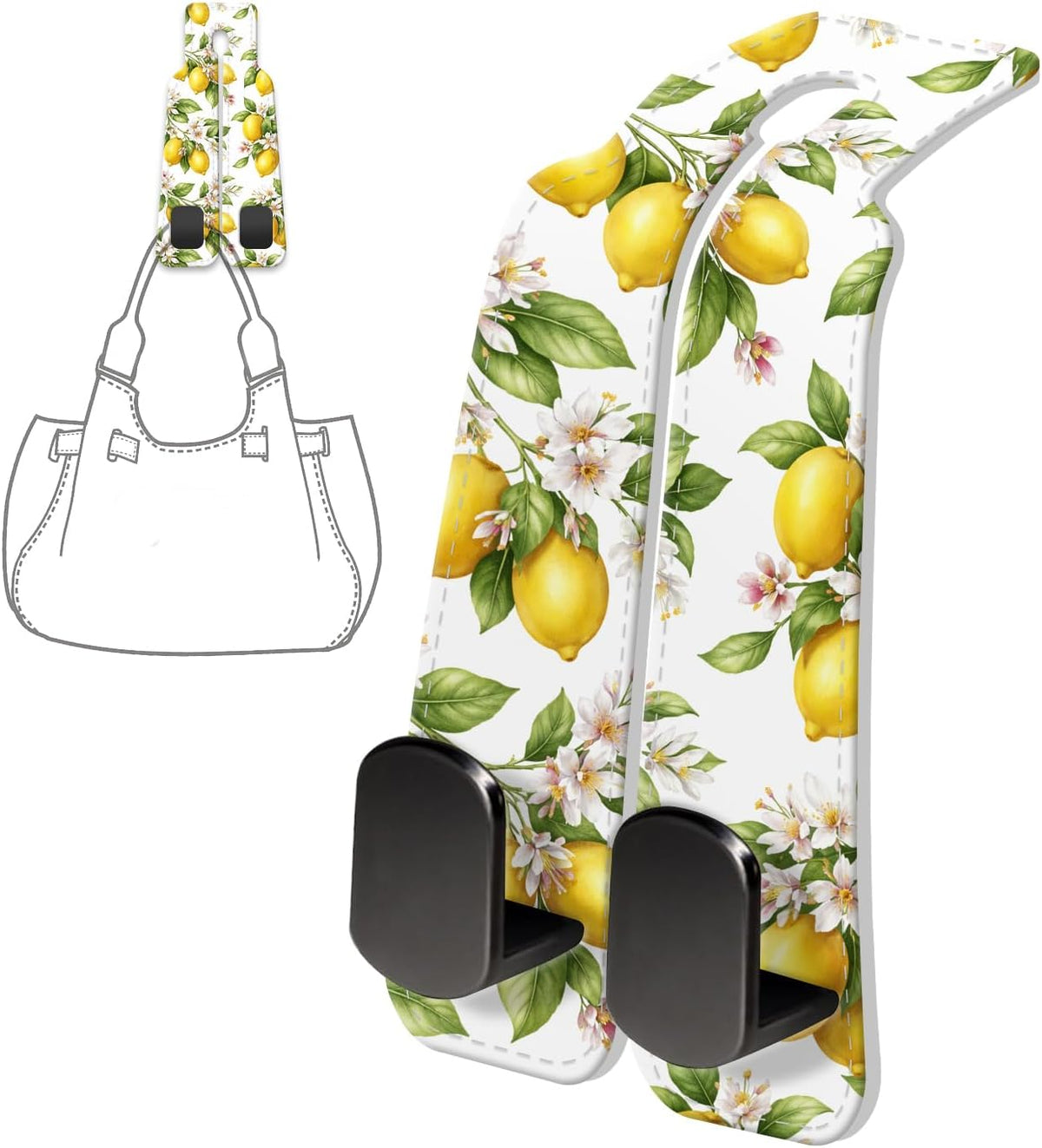 PU Leather Car Seat Hook, Storage Headrest Hanger, Cute Car Backseat Organizer, Car Hooks For Purses and Bags, Lemon Branch
