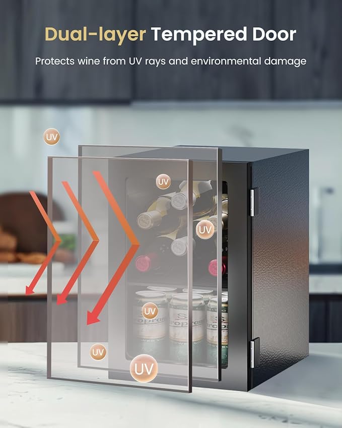Feelfunn 24 Can Beverage Refrigerator, Mini Fridge, Black | 40-61°F temp control, whisper-quiet ≤38dB, holds 24 cans, removable shelf. Ideal for office, dorm, bedroom, home bar
