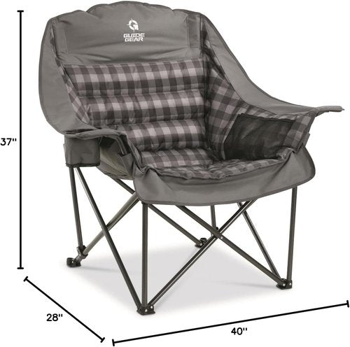Guide Gear Oversized Padded Camping Chair - Portable Folding Lounge for Adults | 400 lb Capacity, Gray Plaid