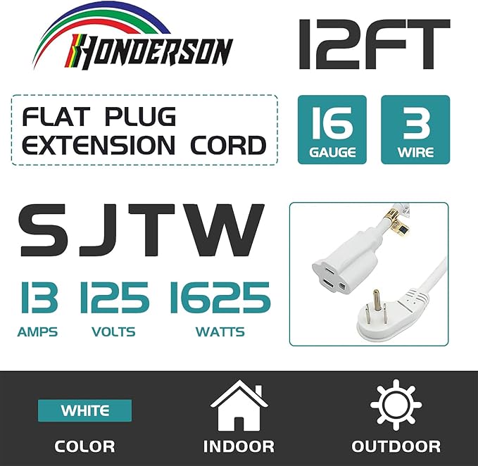 Flat Plug Indoor Extension Cord, UL Listed, 16 Gauge 12FT White 3 Prong Heavy Duty, 16/3 SJTW 13A Power Cord for Lights, Appliances, Home