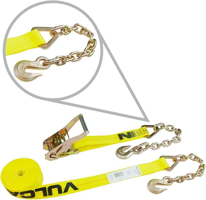 VULCAN Ratchet Strap with Chain Anchors - Classic Yellow - 2 Inch x 27 Foot - 3,600 Pound Safe Working Load