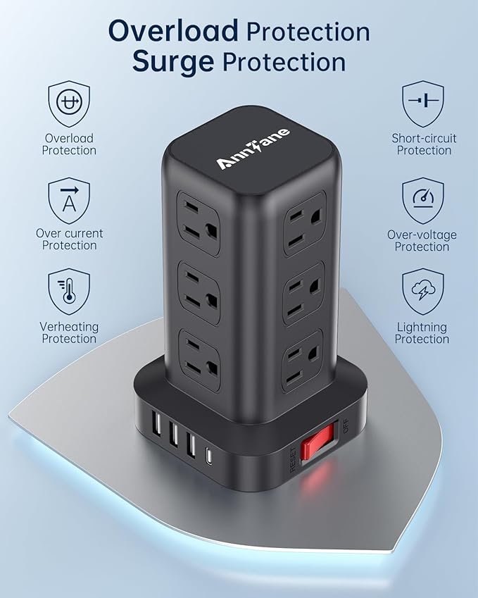 AnnTane Surge Protector Power Strip 10 FT Cord, Power Strip Tower with 4 USB Ports (1USB C), Extension Cord with 12 AC Multiple Outlets, Home Office Supplies Desk Accessories, Dorm Room Essentials