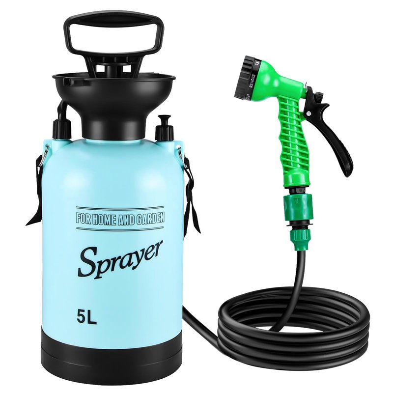 Vevitts Portable Pressure Sprayer Shower 5L for Camping with 7 Spray Modes, Hand Press Camping Shower with Hose and Shower Head, Hiking Traveling Shower Garden Sprayer Pet Shower Blue