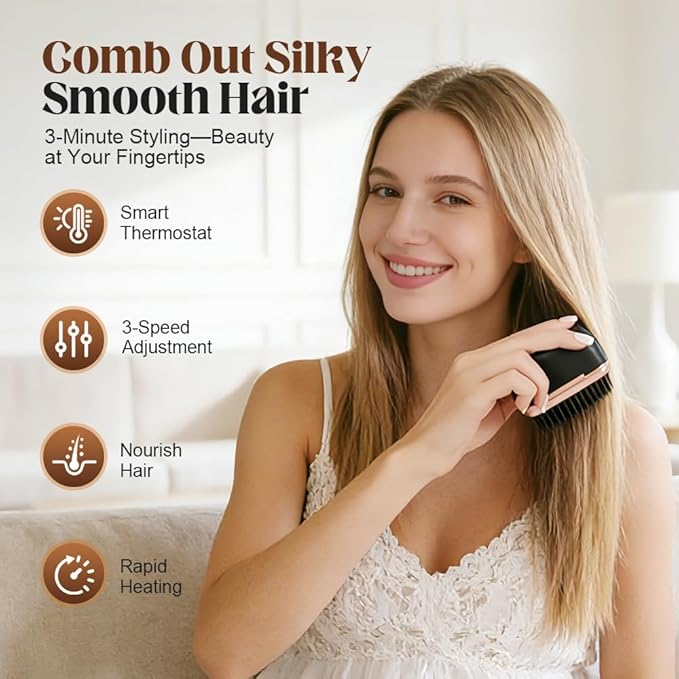 Mini Hair Straightener, Portable Cordless Hair Straightener Brush for Women, Last 1H USB-Rechargeable Mini Straighteners with 3 Heat Settings, Travel-Friendly Portable Comb (Black)