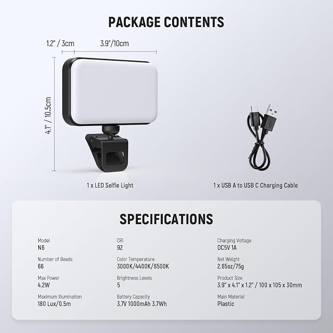 NEEWER Entry Level Version LED Selfie Light, Plastic Clip on Phone Fill Lighting