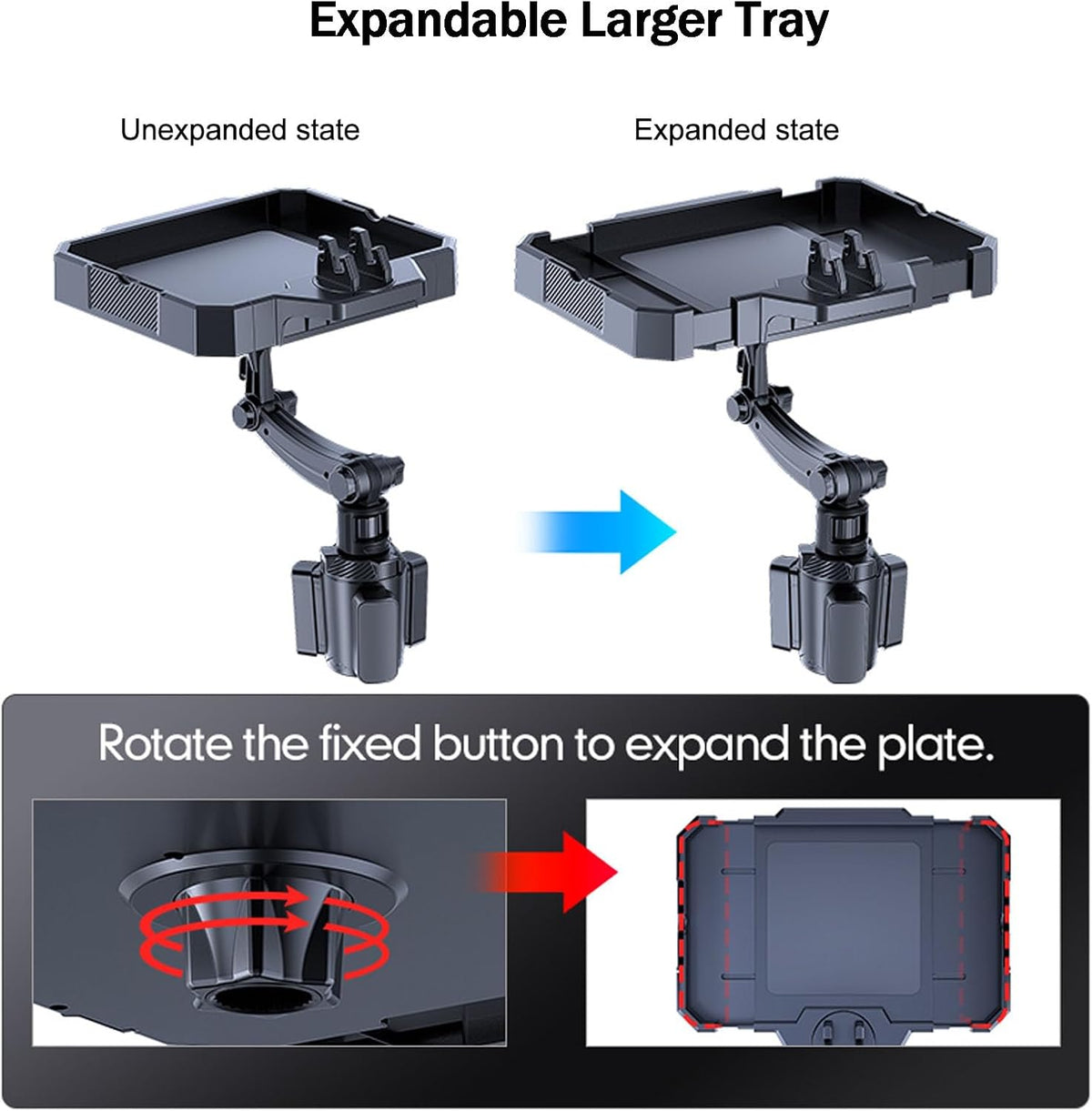 7.9-9.8in Expandable Car Cup Tray, 360 Rotating w/Phone Holder for RV Truck