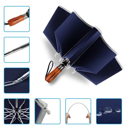 Lejorain Large Reverse Umbrella -50 Inch Windproof Folding Inverted Umbrella - Upside Down with Safety Reflective Strip