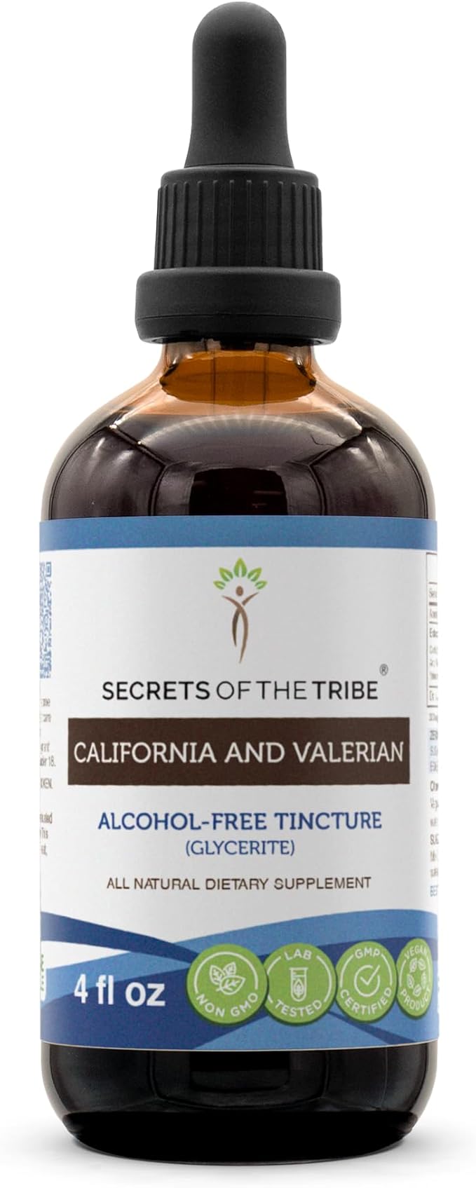 Secrets of the Tribe California and Valerian Tincture Alcohol-Free Extract, Herbs (California Poppy Herb and Flower, Valerian Root) 4 OZ
