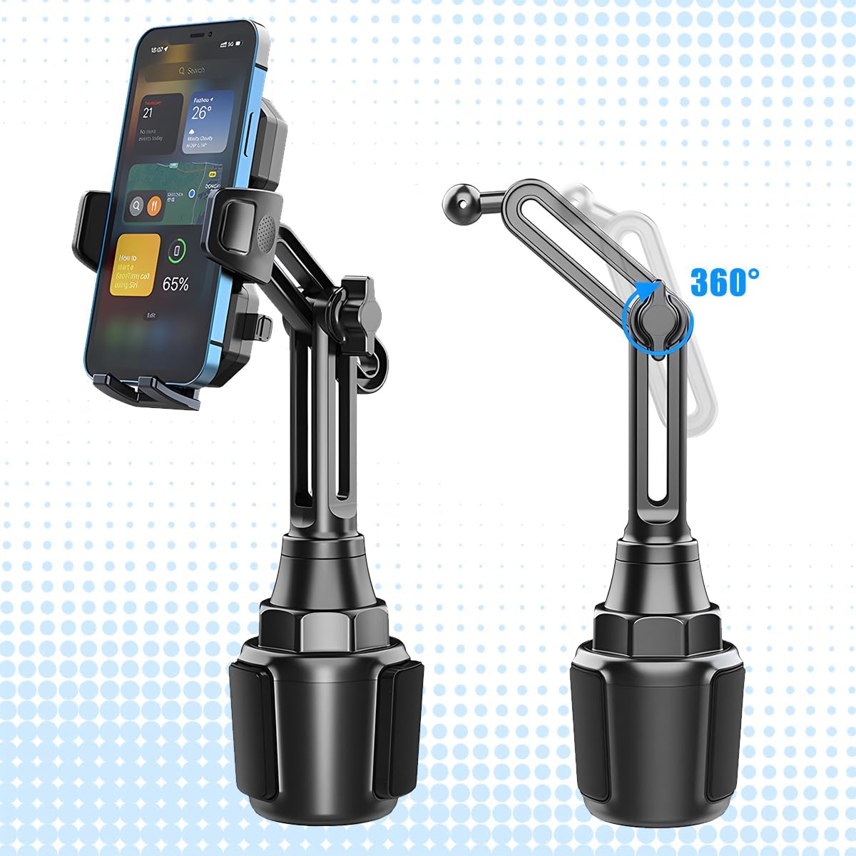 Car Cup Phone Holder, 360° Rotation with Long & Adjustable Neck