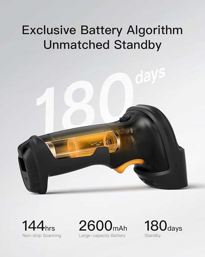 Inateck Barcode Scanner, Wireless Scanner, 1 Charge 180 Days Standby, 35M Range
