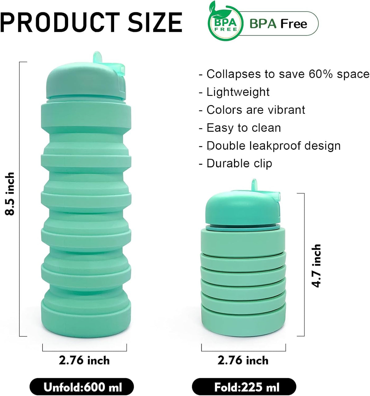 Skiennix Collapsible Water Bottle - 20oz Portable Silicone Leakproof Design for Travel & Outdoor Activities