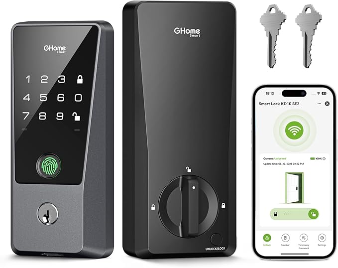 GHome Smart WiFi Deadbolt Locks for Front Door, 5-in-1 Fingerprint Keyless Entry Door Lock, Indoor Smart Lock for Home Hotel with 10000mAh Battery,Work with Alexa & Hey Google, App Control, Auto Lock