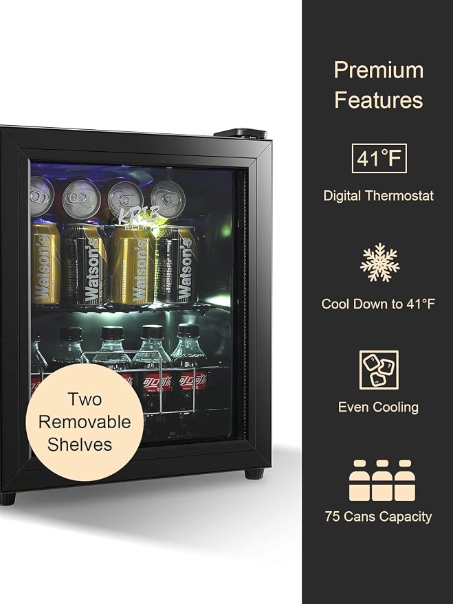 Beverage Refrigerator 75 Can Freestanding Beverage Cooler Black | Adjustable Shelving Glass Door ,for Beer Soda or Wine Perfect for Home Office or Bar