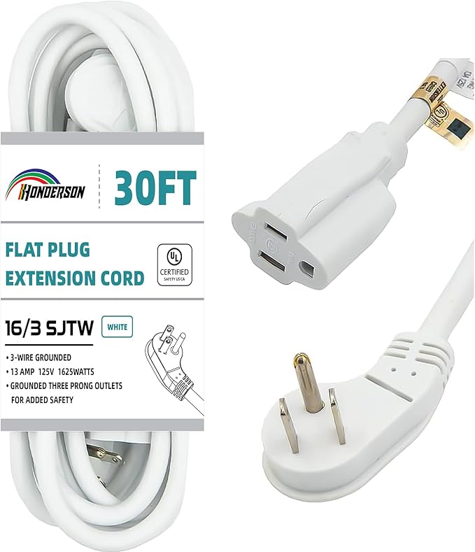 Flat Plug Indoor Extension Cord, UL Certified, 16 Gauge 30FT White 3 Prong Heavy Duty, 16/3 SJTW 13A Power Cord for Lights, Appliances, Home