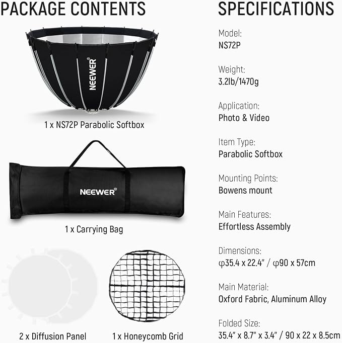 NEEWER Parabolic Softbox Kit, 35.4" Bowens Mount Soft Box