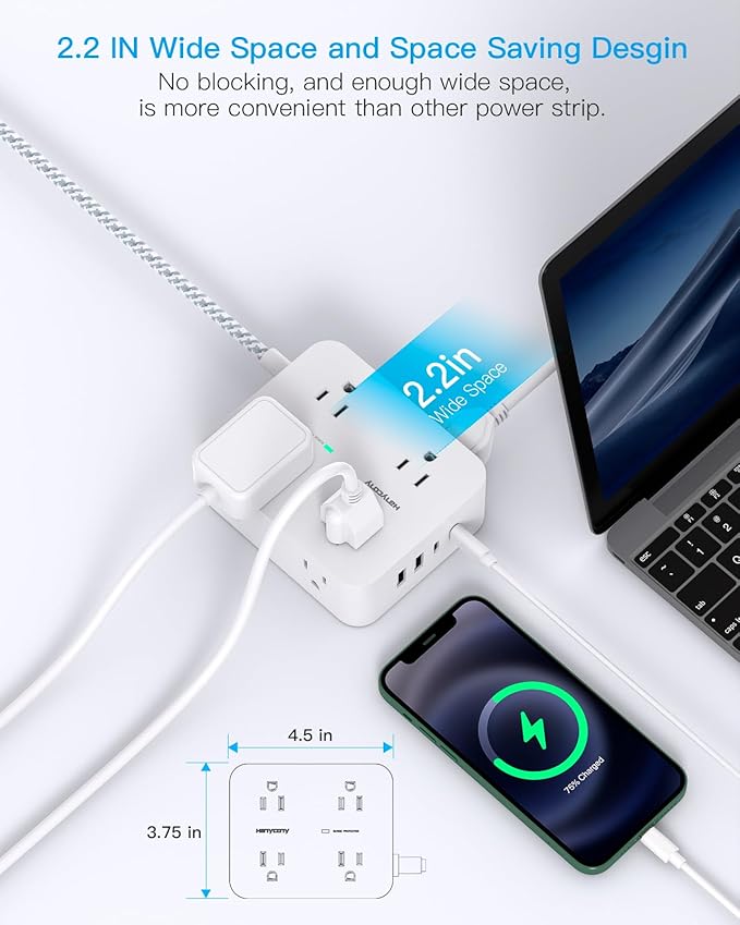 Extension Cord 25 Ft, HANYCONY Surge Protector Power Strip with 8 Outlets 4 USB Ports(2 USB C), Long Cord, Wall Mount, Desk USB Charging Station for Home Office College Dorm Room Essentials