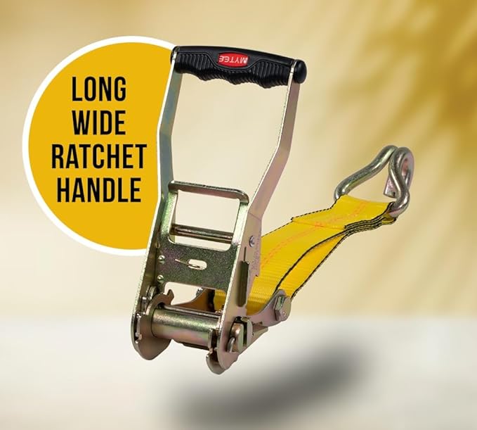 Mytee Products 2 Pack 2" x40' Yellow Ratchet Strap with J Hooks - 10,000 Lbs Breaking Strength - Heavy Duty Tie Down Cargo Truck Straps with Wire Hooks for Flatbed, Truck, Trailers Pickup
