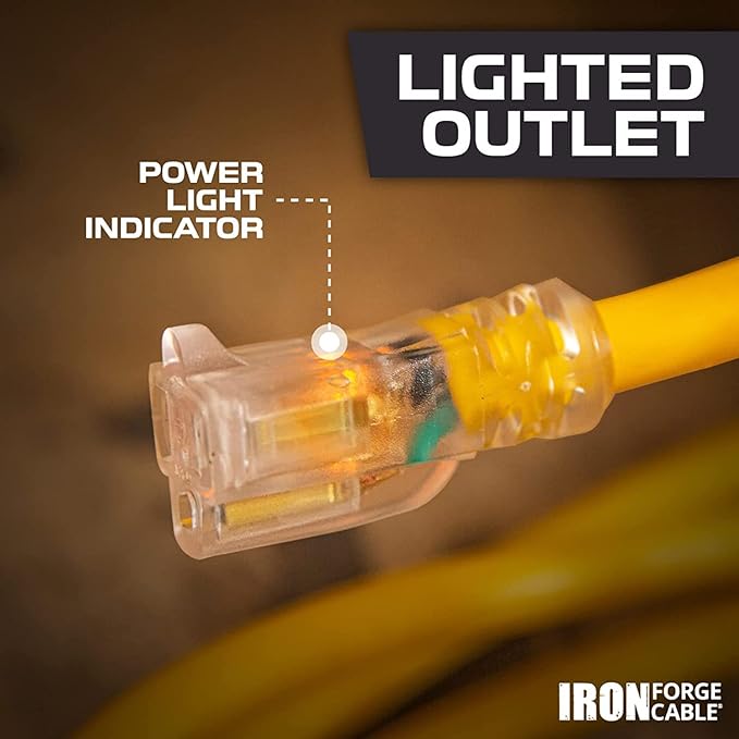 Iron Forge Cable Weatherproof 10 Ft Outdoor Extension Cord - 14/3 SJTW 15 Amp Heavy Duty Yellow Extension Cord 3 Prong - Lighted End