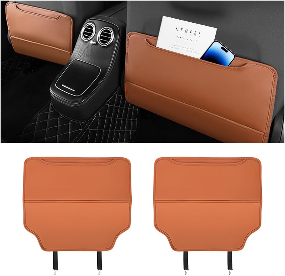 Zpana 2PCS Car Kick Mat Back Seat Protector, Microfiber Leather Vehicle Back Seat Cover with Storage Pocket, Automotive Backseat Anti-Kick Pad for Kids Pets, Universal for Truck SUV RV (Light Brown)