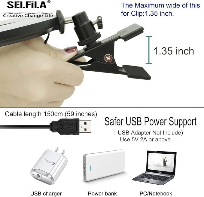 Selfila Ring Light 5 Inch USB Portable, 3200K-6500K Dimmable LED Clip on