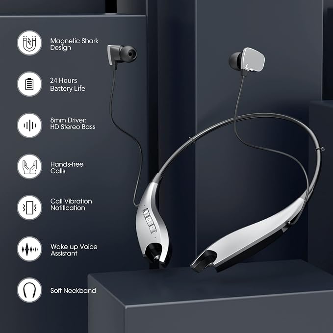 Neckband Bluetooth Headphones, 24H Playtime, Noise Isolation, Silver | Around The Neck Headphones Shark Jaw Design, Bluetooth Headsets with Call Vibration, Earbuds Built-in Mic/IPX7 Waterproof