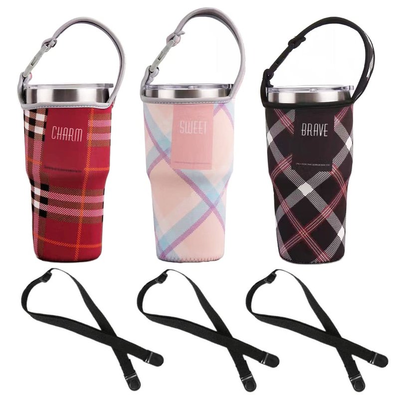 TuNan 3PCS Tumbler 30oz Carrier Holder Pouch & Shoulder Strap for YETI, Rtic, Atlin, Ozark Trail, Rambler, Neoprene Sleeve with Carrying Handle-(Plaid Red,Pink,Black)